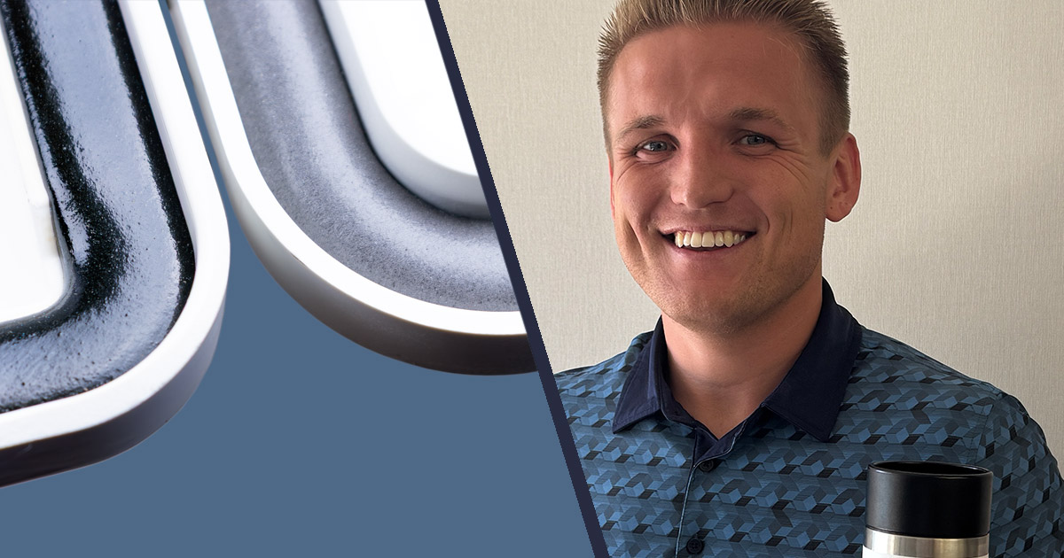 Spencer person smiling, other half of image is a comparison of poly vs silicone gasket